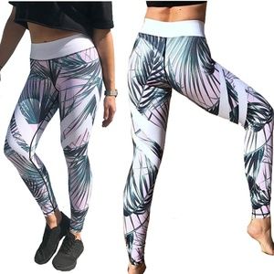 Tropical Fern Long Yoga Leggings White Accents